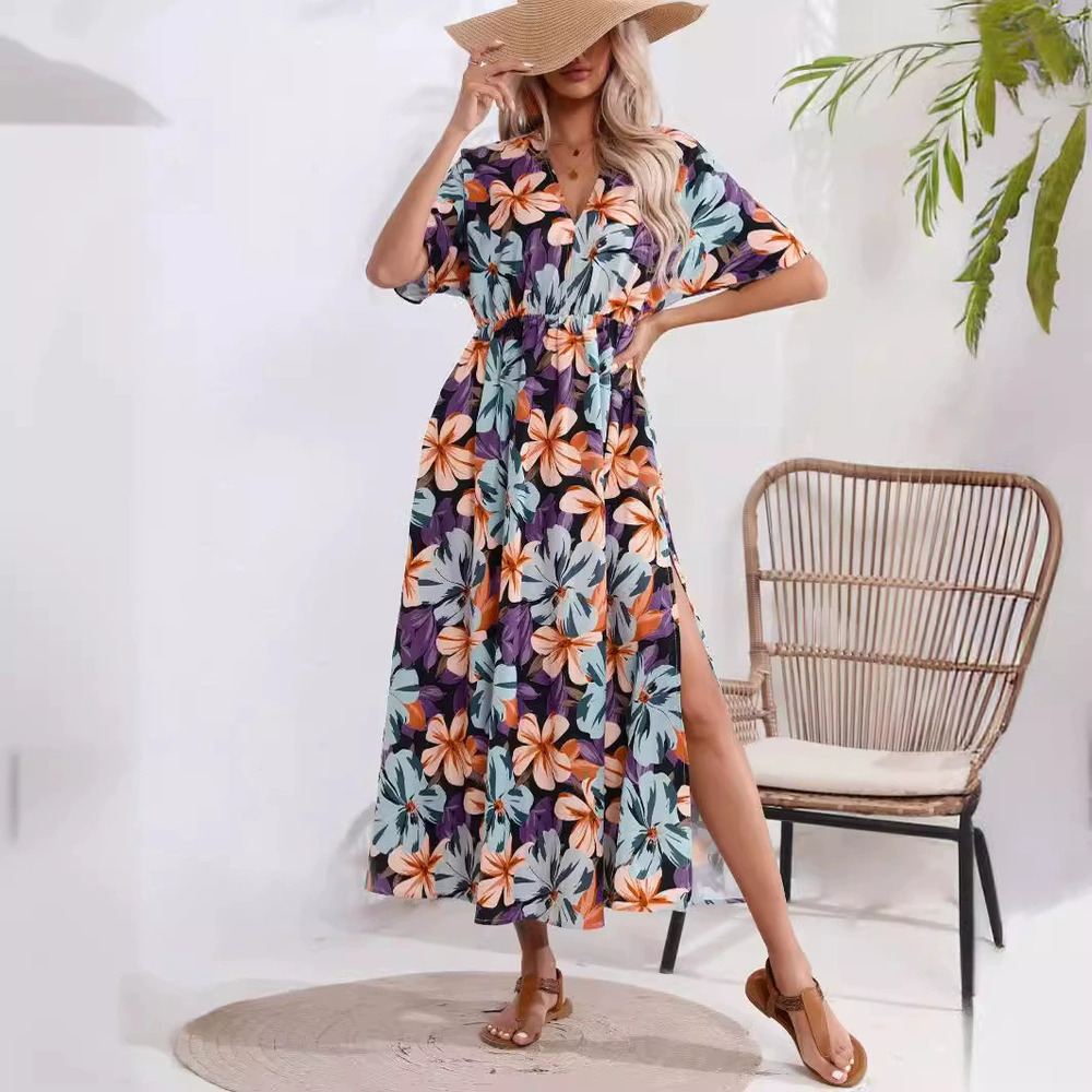 ZARA Printed Slit Neckline Beach Vacation Dress Three Colors Available